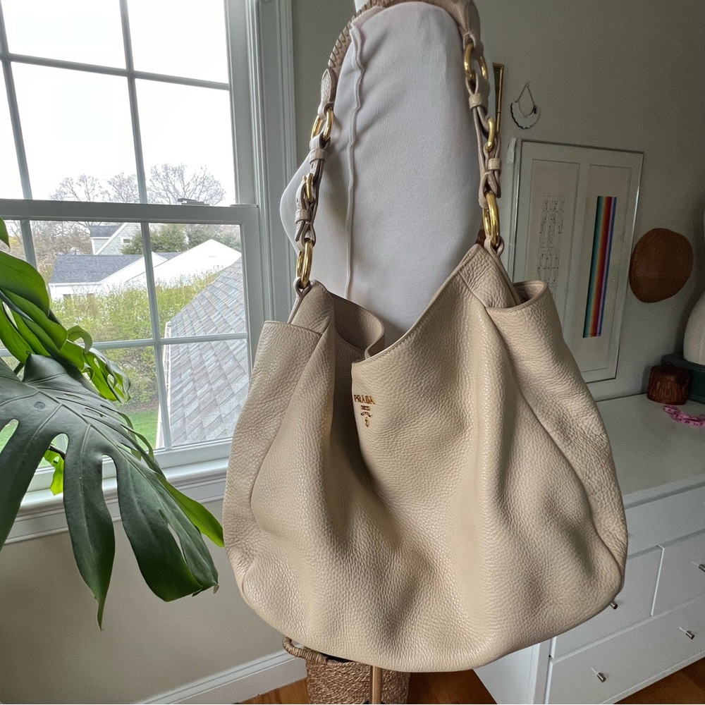 Prada Vitello Daino Side Pocket Hobo Tote Bag Neutral Taupe Leather
